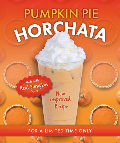 Displayed on mobile devices Pumpkin Pie Horchata: Made with real pumpkin puree. New Improved Recipe - for a limited time only